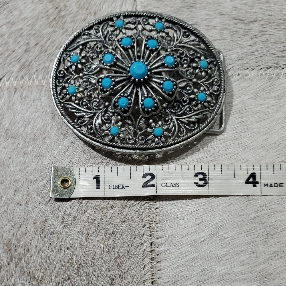 Western Silver and Turquoise Ornate Belt Buckle Rodeo Cowgirl Country Thunder